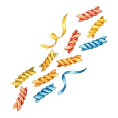 Colorful pasta shapes arranged on a white background for a fun culinary presentation