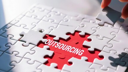 A hand places a final puzzle piece labeled 'OUTSOURCING' into a near-complete jigsaw puzzle