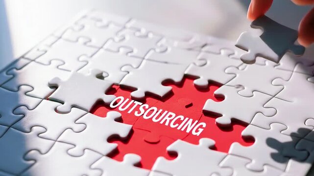A hand places a final puzzle piece labeled 'OUTSOURCING' into a near-complete jigsaw puzzle