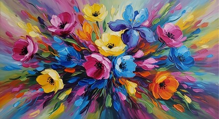 Vibrant floral palette knife painting showcasing a symphony of blossoming blooms in vivid colors