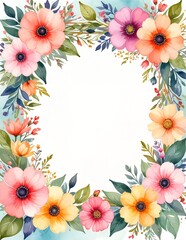 A delicate watercolor floral frame featuring an array of vibrant flowers in soft hues, elegantly encircling the edges, perfect for invitations or decor.