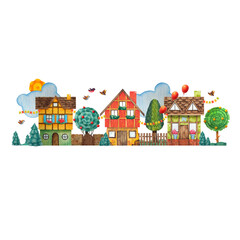 Red, yellow, green cozy houses, grass, trees, flags, red balloons, fences, sun, birds, clouds on the white background. Colorful watercolor illustration for design hand drawn in a childish simple style
