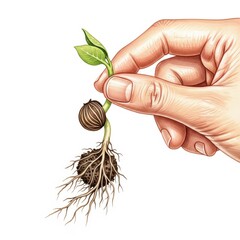 Seedling emerging from soil held by hand in an educational gardening setting