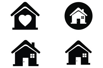 Vector art of collection of four black and white house icons, these simple designs are ideal for real estate, home services, or community related projects