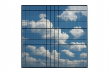 Building windows reflecting blue sky and white clouds, modern office facade on transparent background