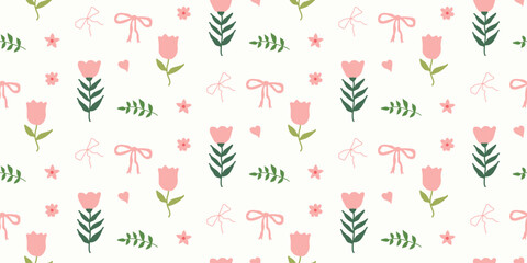 Coquette floral trellis seamless pattern with bows and ribbons. Preppy spring summer hand drawn flowers. Botanical elegant trendy. Vintage pattern for fabric, wallpaper, decor, background, paper