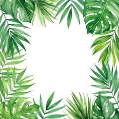 A vibrant watercolor illustration featuring lush tropical leaves in various shades of green, elegantly framing the edges of the image for a fresh, exotic feel.