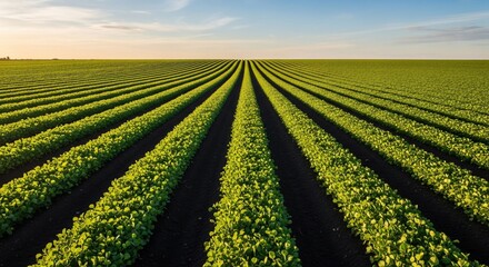 Aerial View of Lush Agricultural Field with Organized Rows of Crops