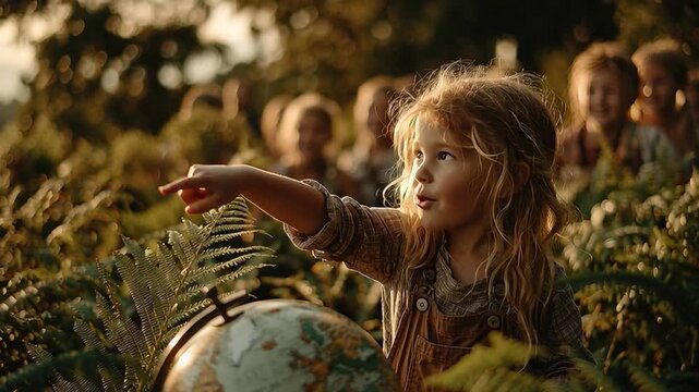 Curious Expedition: A bright-eyed child points the way forward in a magical journey of discovery and wonder. A group of children gathers around.