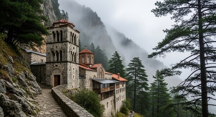 Ancient monastery nestled on a mountainside amidst misty clouds and towering trees