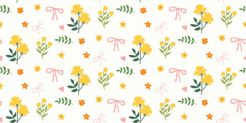 Coquette floral trellis seamless pattern with bows and ribbons. Preppy spring summer hand drawn flowers. Botanical elegant trendy. Vintage pattern for fabric, wallpaper, decor, background, paper