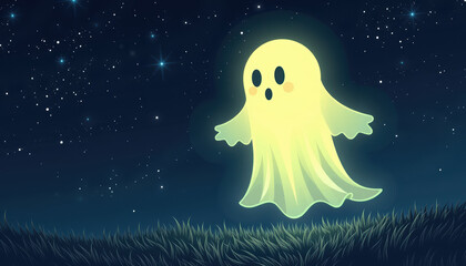 Glowing ghost night star sky grass cartoon spooky cute floating Halloween mysterious fantasy outdoor ethereal eerie magical luminescent spirit