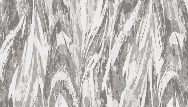 abstract gray botanical pattern with layered brushstroke leaves and textured fabric effect creating modern neutral background ideal for wallpaper or minimalist commercial banner design
