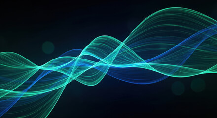 Abstract Green and Blue Light Waves on a Dark Background A Dynamic and Vibrant Design Featuring Intertwined Curves and Flowing Lines Creating a Sense of Movement