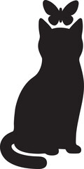 Cat sitting with butterfly on head silhouette, cute pet vector for nature and design use.