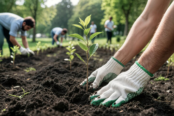 Fototapeta premium tree planting activity gardening hands concept nurturing nature environmental conservation outdoor teamwork sustainable practices community involvement