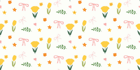 Coquette floral trellis seamless pattern with bows and ribbons. Preppy spring summer hand drawn flowers. Botanical elegant trendy. Vintage pattern for fabric, wallpaper, decor, background, paper
