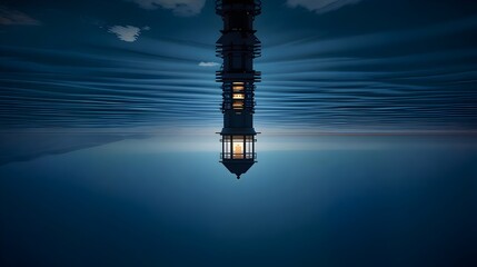 Obraz premium A surreal, dreamlike scene of a majestic lighthouse, its lantern room pointed downwards, suspended upside down in the air directly above a calm, deep blue sea. 
