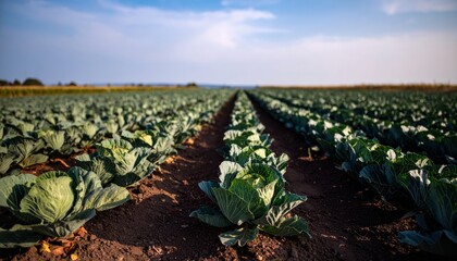 Fototapeta premium Cabbage field on garden area under the blue sky