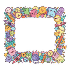 Obraz premium Playful frame border featuring kawaii-style school supplies and stationery items with smiling faces, creating a cheerful and colorful design.