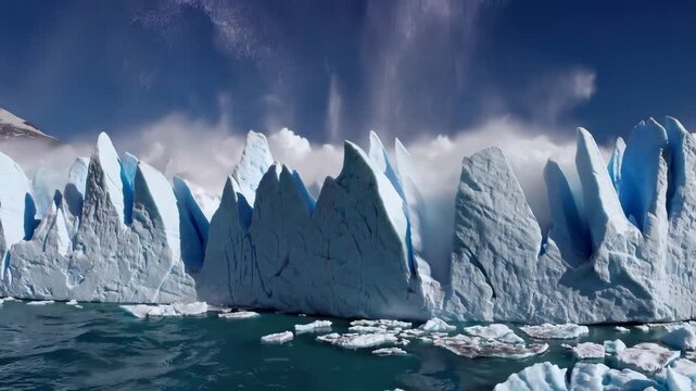 Ice breaking from glacier edge at Perito Moreno, symbolizing effects of global warming and climate change.