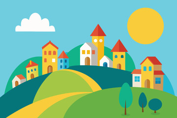 Naklejka premium Cartoon Village with Colorful Houses, Green Hills, Blue Sky, Sun, and Cloud