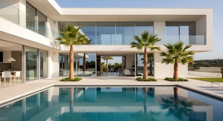 Fototapeta premium A sleek white modern minimalist villa with large glass windows, infinity pool, clean lines, and palm trees, ultra realistic 4K, architectural photography style