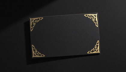 Luxury black business card with golden frame mockup on dark background – elegant premium stationery design