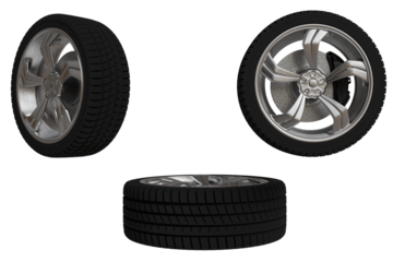 Three detailed views of a modern automobile wheel and rubber tire. The metallic rim shines, showcasing the brake disc and intricate design from multiple angles