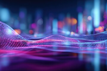Abstract digital wave formation with futuristic cityscape background in vibrant colors