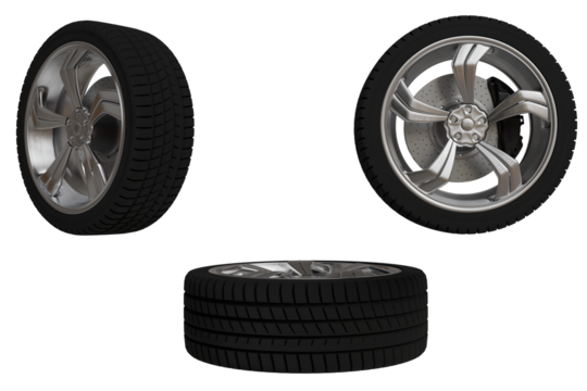 Three detailed views of a modern automobile wheel and rubber tire. The metallic rim shines, showcasing the brake disc and intricate design from multiple angles