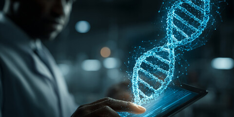 Digital tablet displaying glowing DNA strand with researcher analyzing genetic data