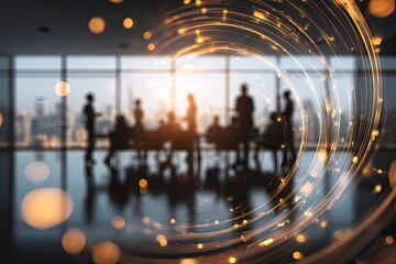 Blurry shot of people in a boardroom with abstract golden light effects