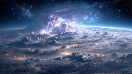 View from outer space as if standing beyond Earth, looking at a massive storm swirling across the planet, giant cloud formations with glowing lightning bolts.