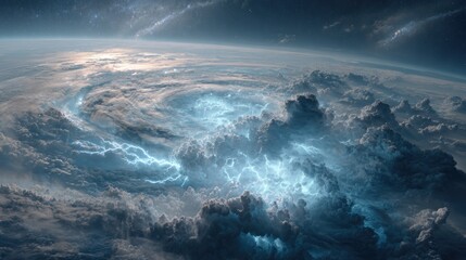 Naklejka premium View from outer space as if standing beyond Earth, looking at a massive storm swirling across the planet, giant cloud formations with glowing lightning bolts.