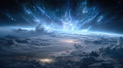 View from outer space as if standing beyond Earth, looking at a massive storm swirling across the planet, giant cloud formations with glowing lightning bolts.