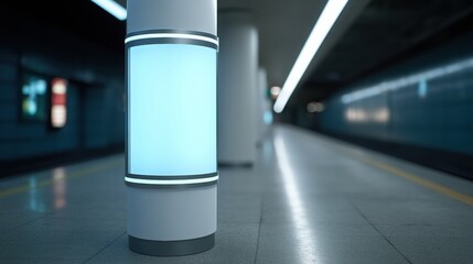 Modern subway station interior showcasing illuminated columns and clean lines.