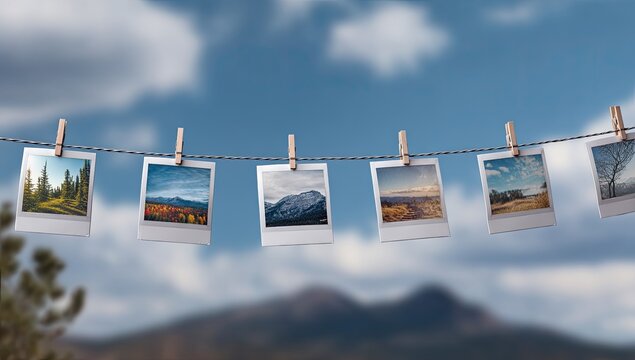 Polaroid photos strung on a clothesline, outdoors, against a backdrop of mountains and clouds