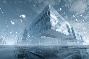 A glassy skyscraper complex rises towards cloudy skies, with network data overlay and reflective surface