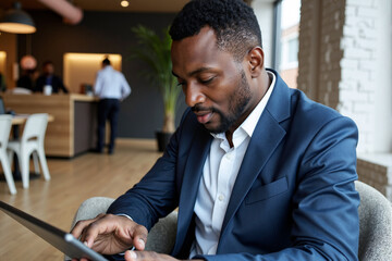 African American businessman in navy blue suit working on laptop at modern hotel lobby lounge, professional corporate traveler during business trip or conference meeting