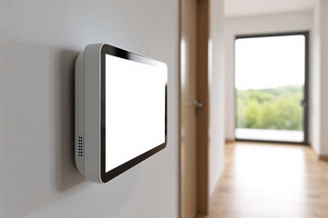 Wall-mounted smart home control panel with blank white screen for mockup in modern house hallway. Home automation technology concept for managing security, lighting, and climate control