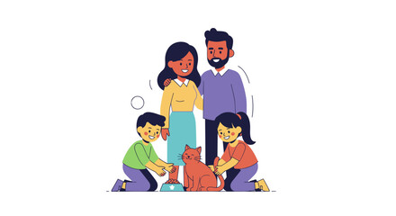 Diverse Family of Four with Pet Cat Enjoying Time Together.
