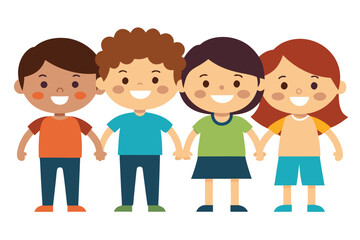 Four Diverse Cartoon Children Holding Hands Smiling Illustration for Education and Unity Projects
