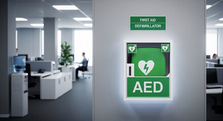 Automated external defibrillator (AED) hanging on the wall in an office building, concept of first aid, heart attack, healthcare