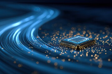 Abstract visual of a central processing unit with streams of light weaving through the image