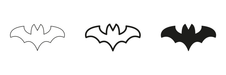 Bat Silhouette In Line, Outline, And Glyph Icon Set. Nocturnal Creature And Halloween Symbol Collection. Perfect For Spooky Themes And Graphic Design Projects. Isolated Vector Illustration