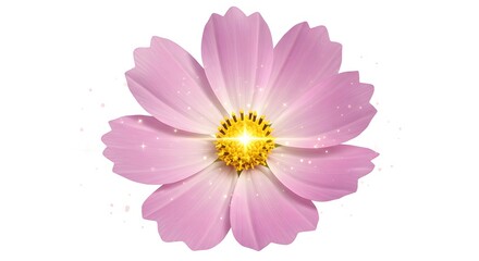 Radiant Pink Cosmos Flower with Glowing Center and Sparkling Effects on White