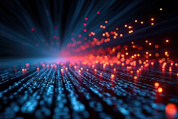 Abstract digital illustration, blue data streams converge with a fiery red energy burst