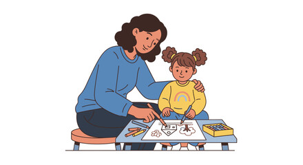 Mother and Child Drawing Together Creative Family Art Activity Illustration.