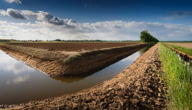 Dutch Desiccated Ditch In Dry Summer Season